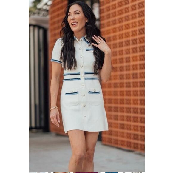 MAJE White Blue Tweed Gold Button Details Collared Risal Mini Dress Size 34 - Picture 12 of 15